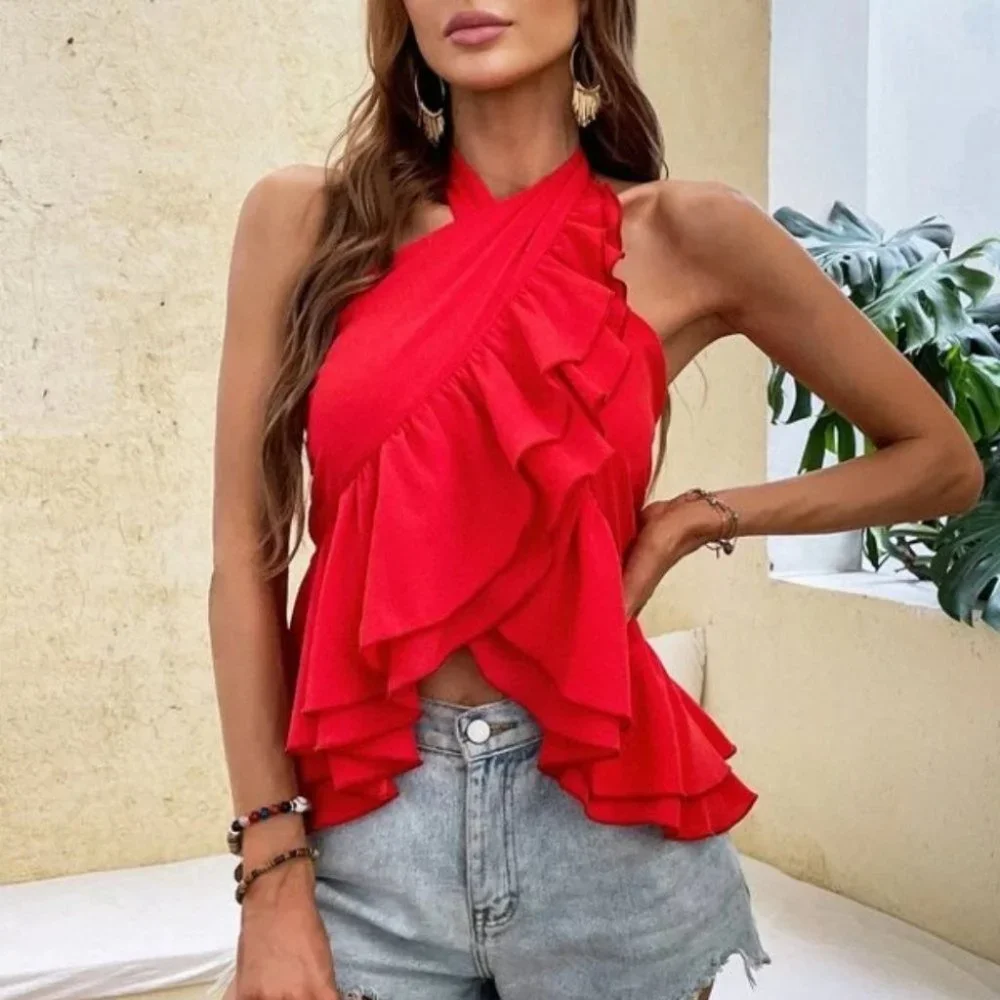 RED BOHO VIBES Ruffle Hem Halter Shirred Back Blouse Top - Picture 2 of 7